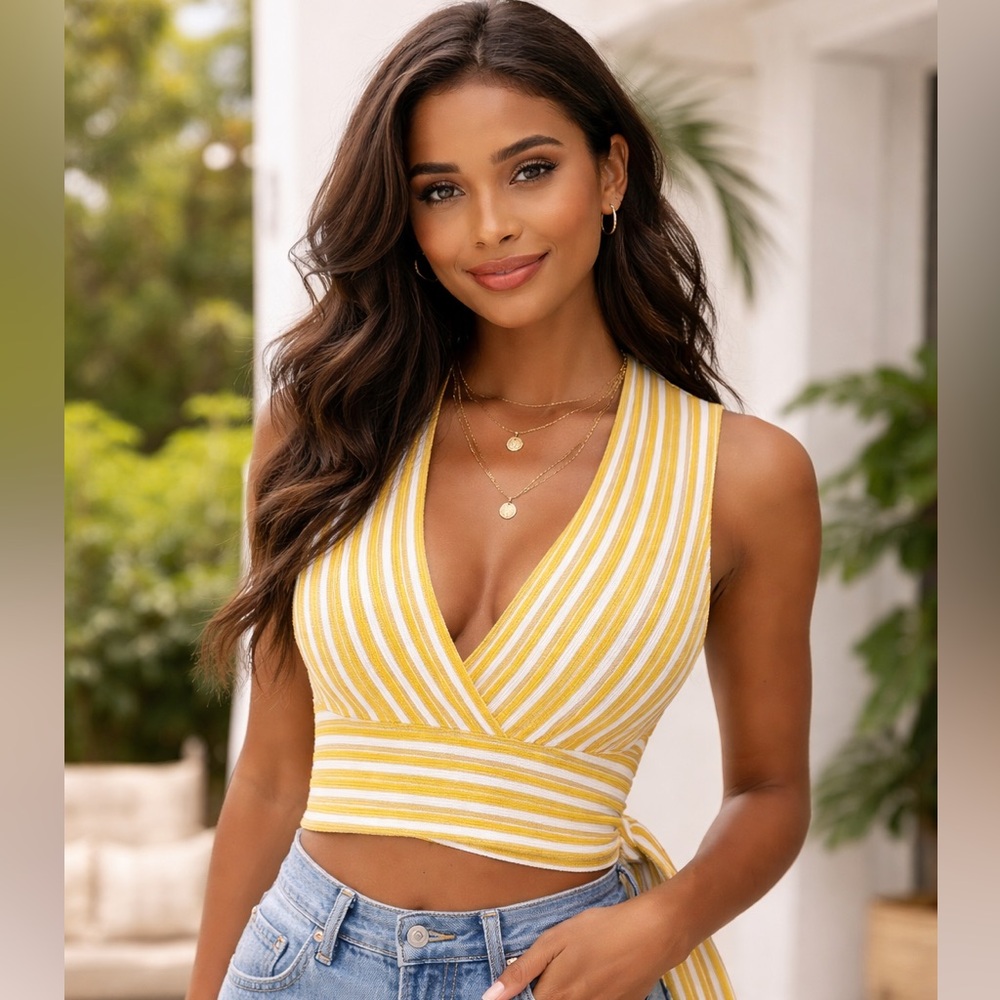 AMND Yellow & White Striped Wrap Top – Stretchy– Size Small